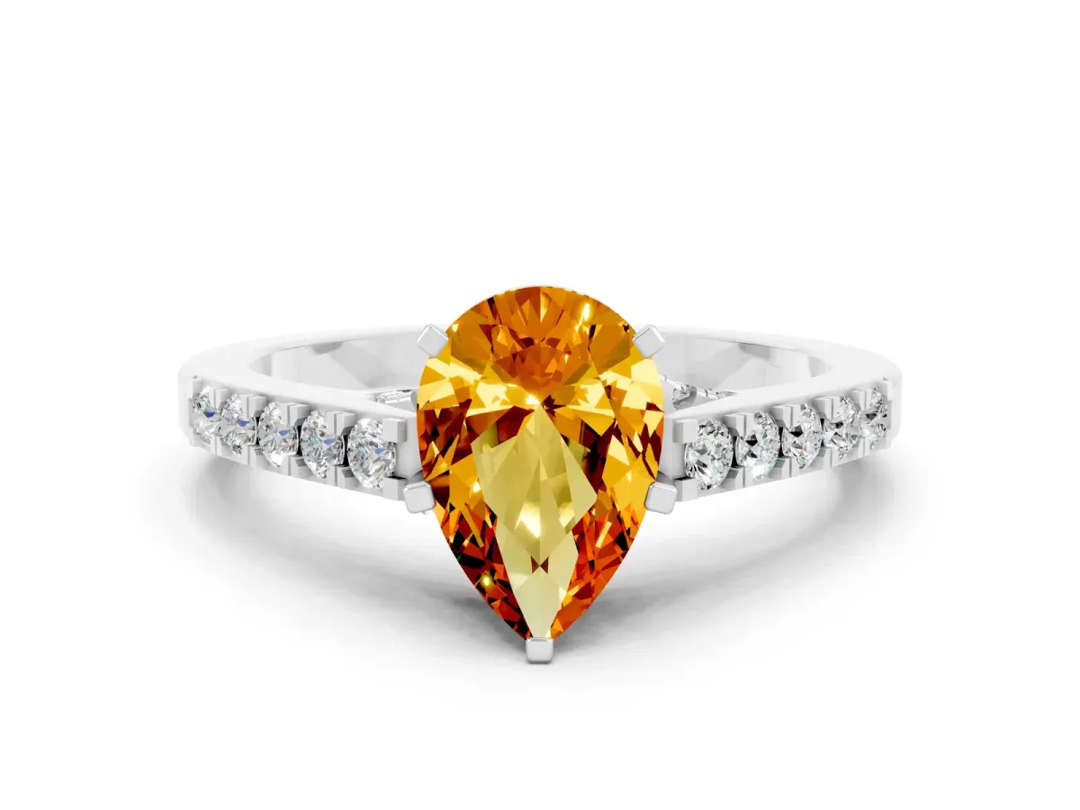 Pear Cut Citrine Solitaire Ring with Crossover Gallery and Round Pavé Band Silver