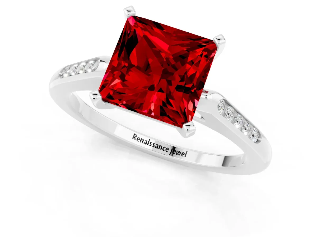 Princess Cut Ruby Solitaire Ring with Channel Set Round Band and Prong Setting White gold
