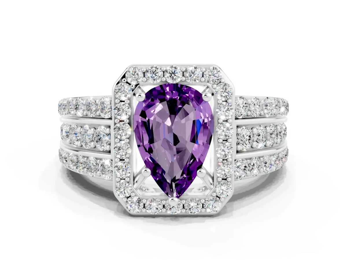 Pear Cut Halo Amethyst Ring with Round Split Shank and Prong Setting White gold