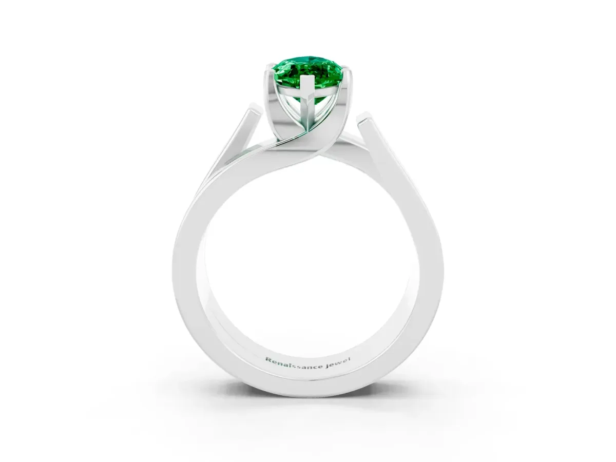 Modern Tension Set Marquise Cut Emerald Solitaire Wide Band Ring Silver