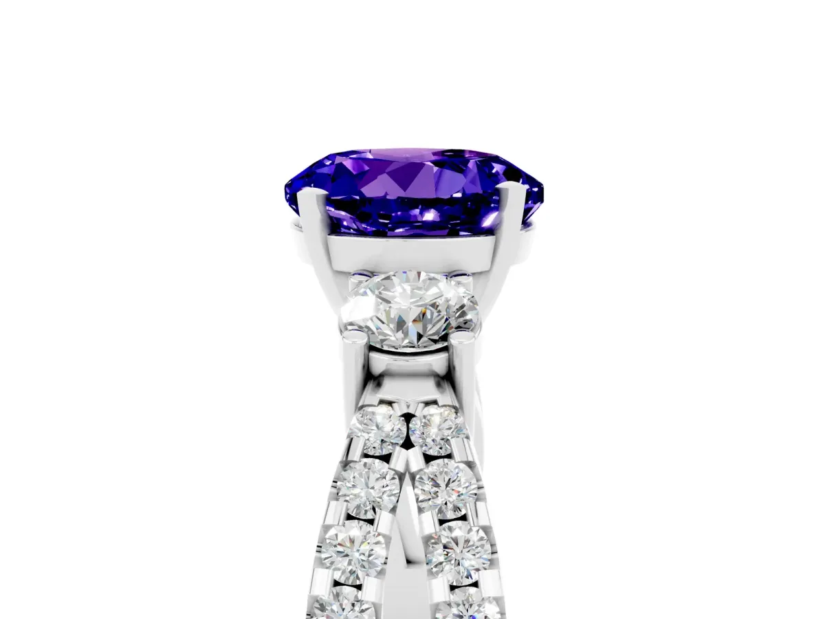 Round Cut Tanzanite Three-Stone Ring with Pavé Split Shank and Four-Prong Setting Silver