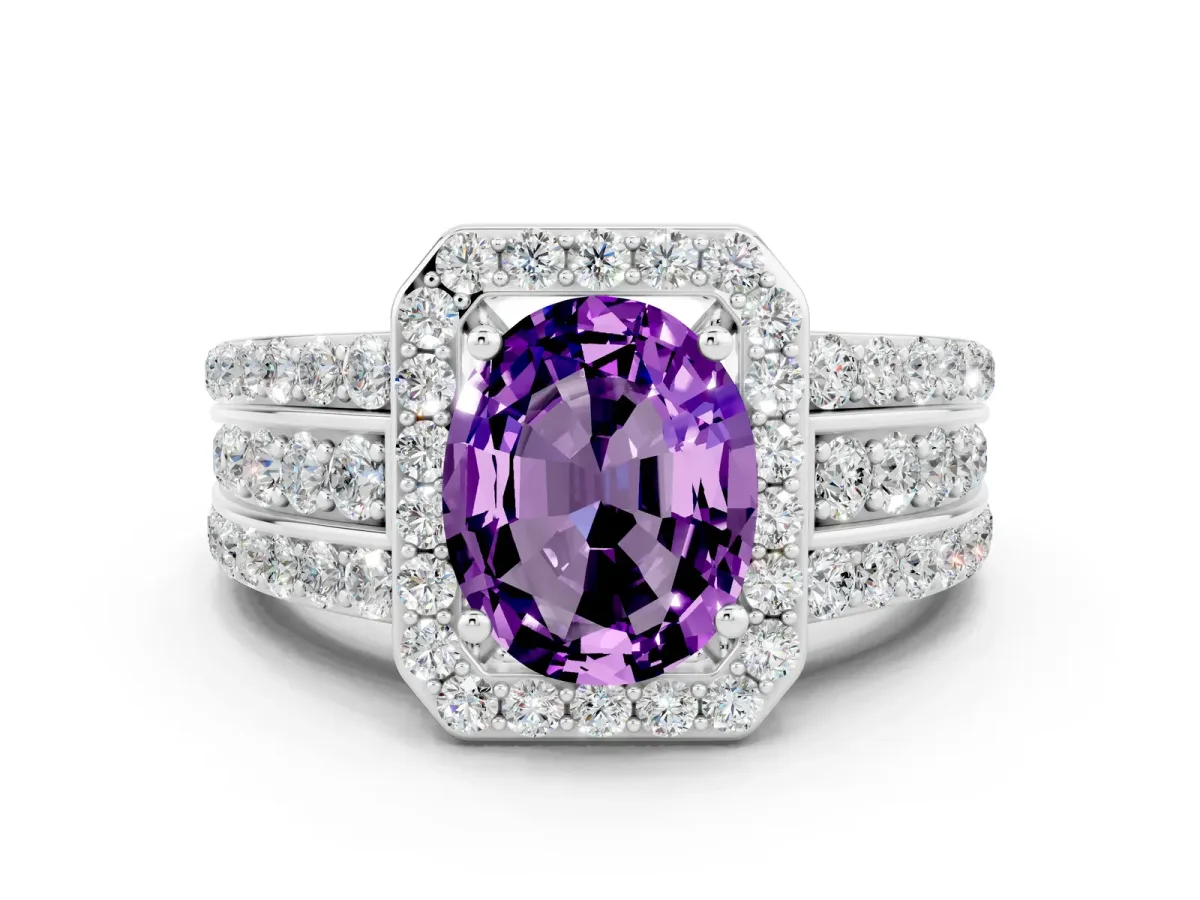 Oval Cut Halo Amethyst Ring with Round Split Shank and Prong Setting Platinum