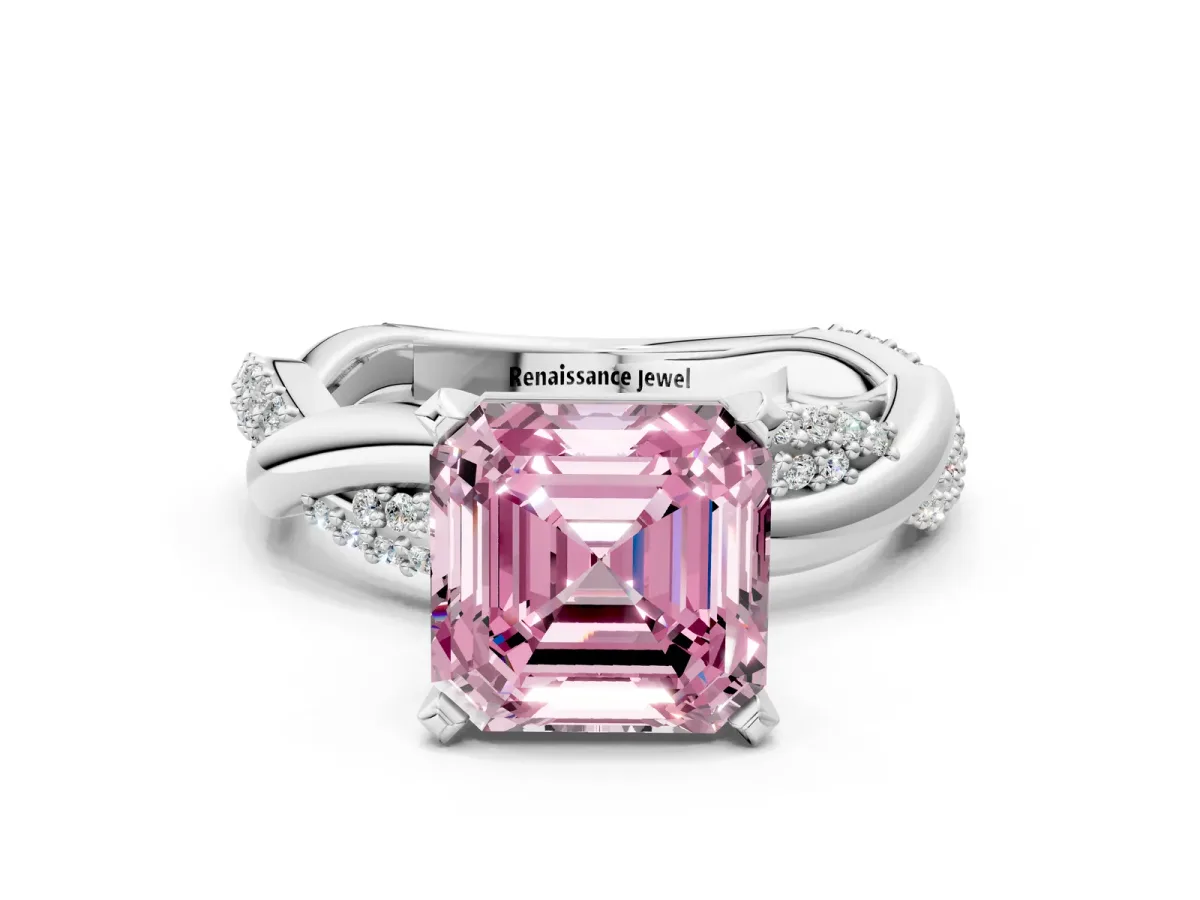 Fancy Pink Asscher Cut Solitaire Twist Band with Pave Prong Setting Platinum
