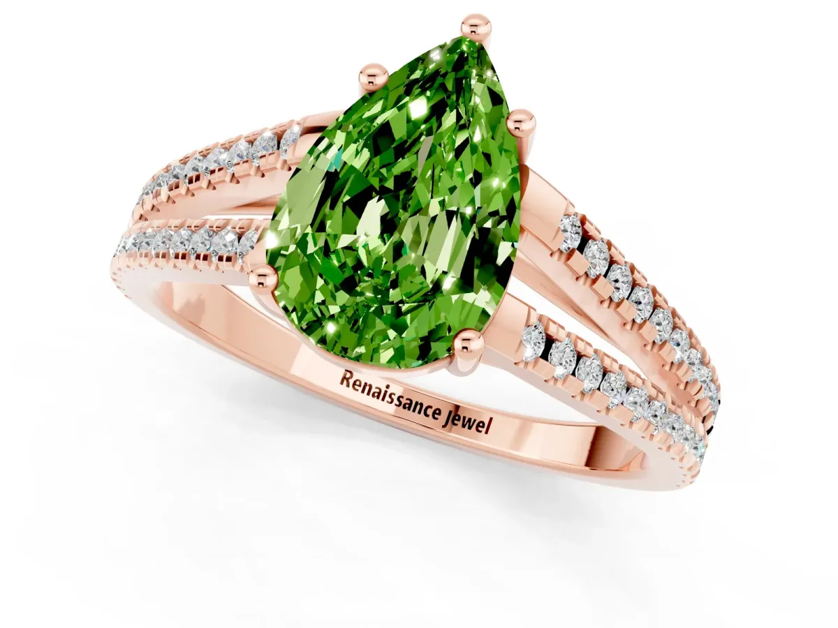 Pear Cut Peridot Solitaire Engagement Ring with Split Shank Pavé Band Rose gold