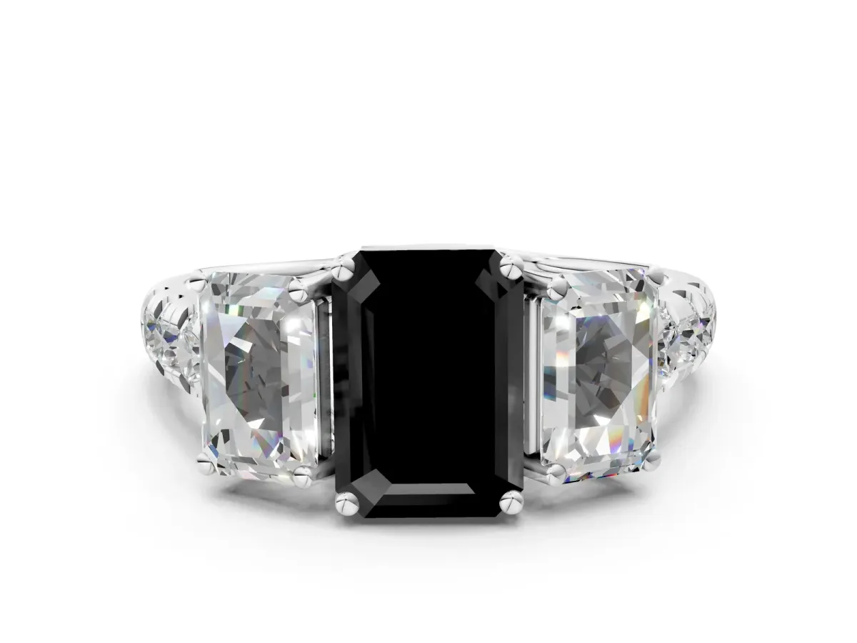 Fancy Black Three-Stone Emerald Cut Diamond Pavé Band with Prong Setting Platinum
