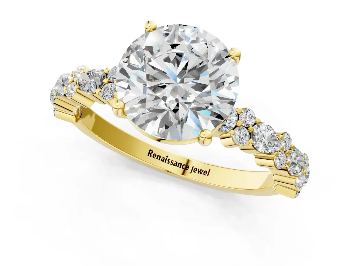 Round Cut Diamond Side Stone Solitaire Ring with Round and Four-Prong Setting Yellow gold
