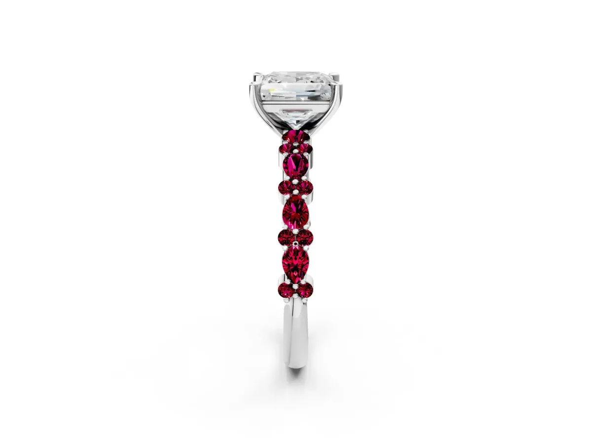 Princess Cut Diamond Side Stone Solitaire Ring with Round Garnet and Four-Prong Setting Platinum