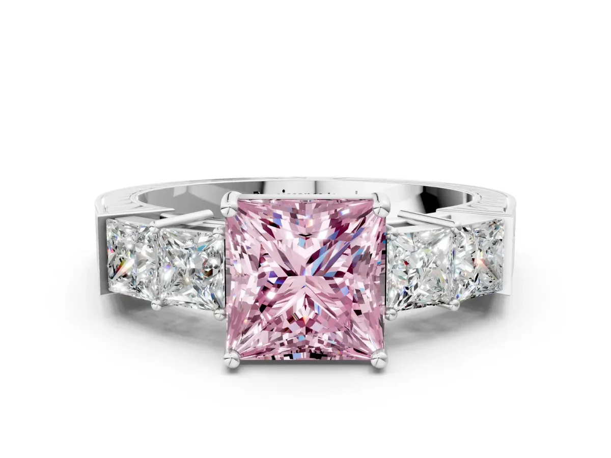 Fancy Pink Princess Cut Solitaire Princess Side Stone Engraved Band Prong Setting Ring Platinum