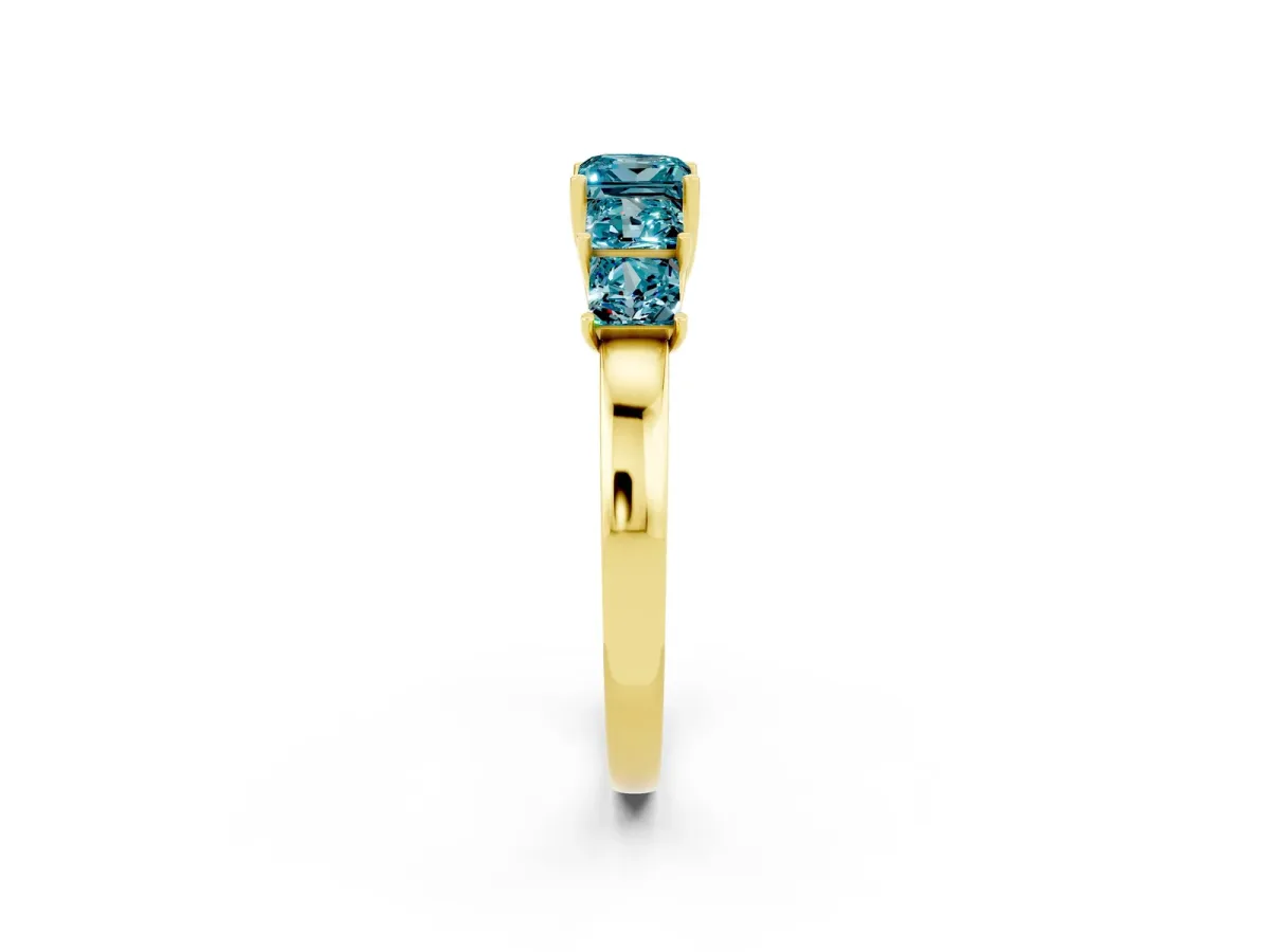 Princess Cut Five-Stone Blue Topaz Ring with Classic Prong Setting Yellow gold