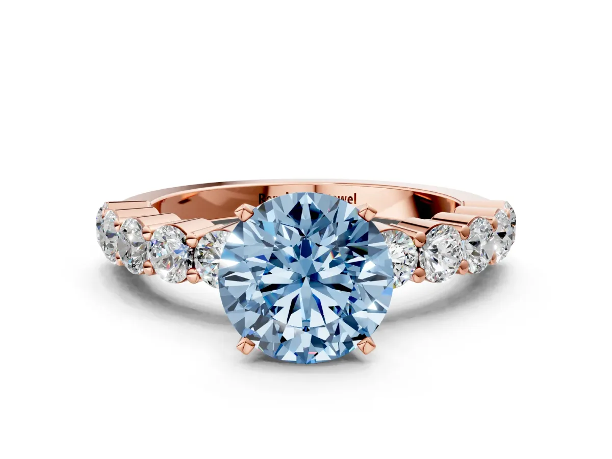 Fancy Blue Round Cut Diamond Solitaire Ring with Shared Prong Round Side Stones Rose gold