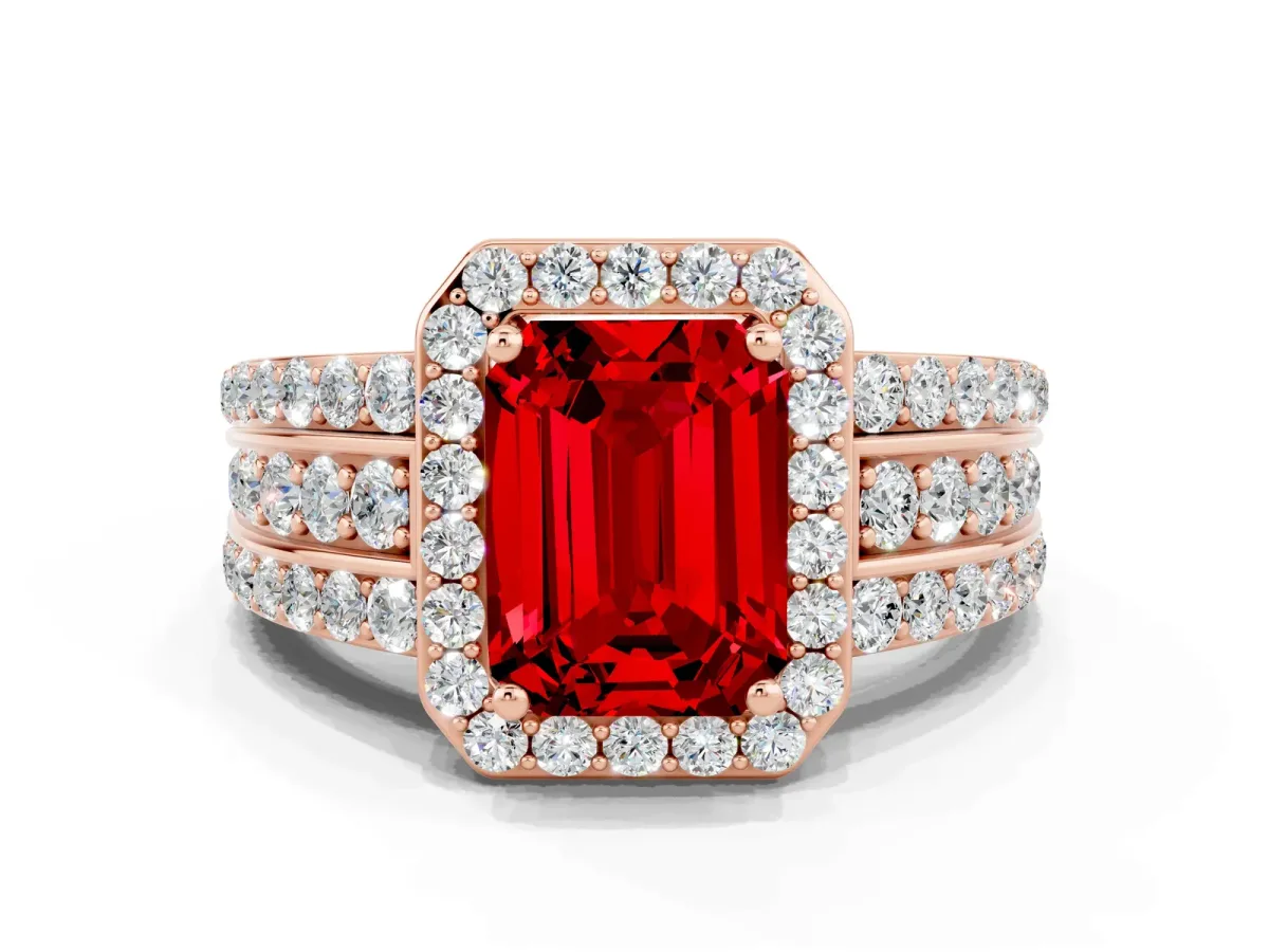 Emerald Cut Halo Ruby Ring with Round Split Shank and Prong Setting Rose gold