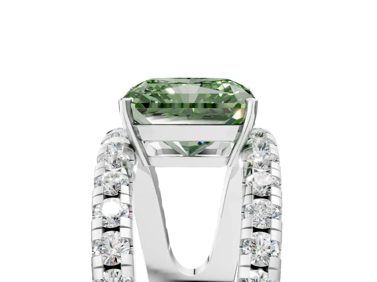 Fancy Green Radiant Cut Solitaire Split Shank Pave Diamond Ring Platinum