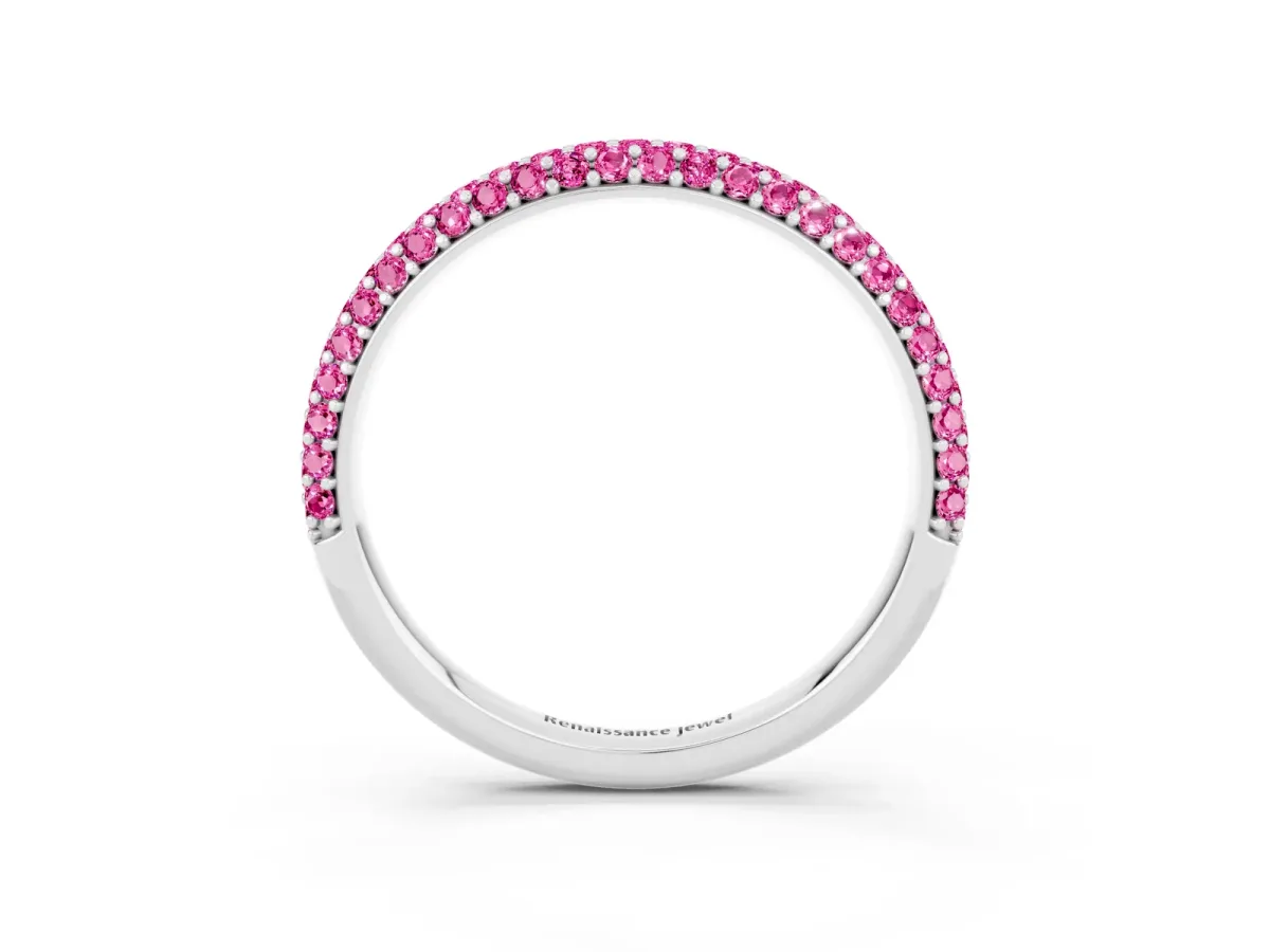 Round Pink Sapphire Pavé Eternity Band with Shared Prong Setting Silver