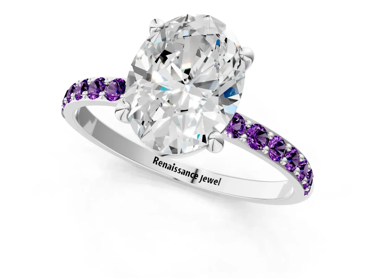 Oval Cut Diamond Solitaire Ring with Round Amethyst Pavé Band and Prong Setting Silver