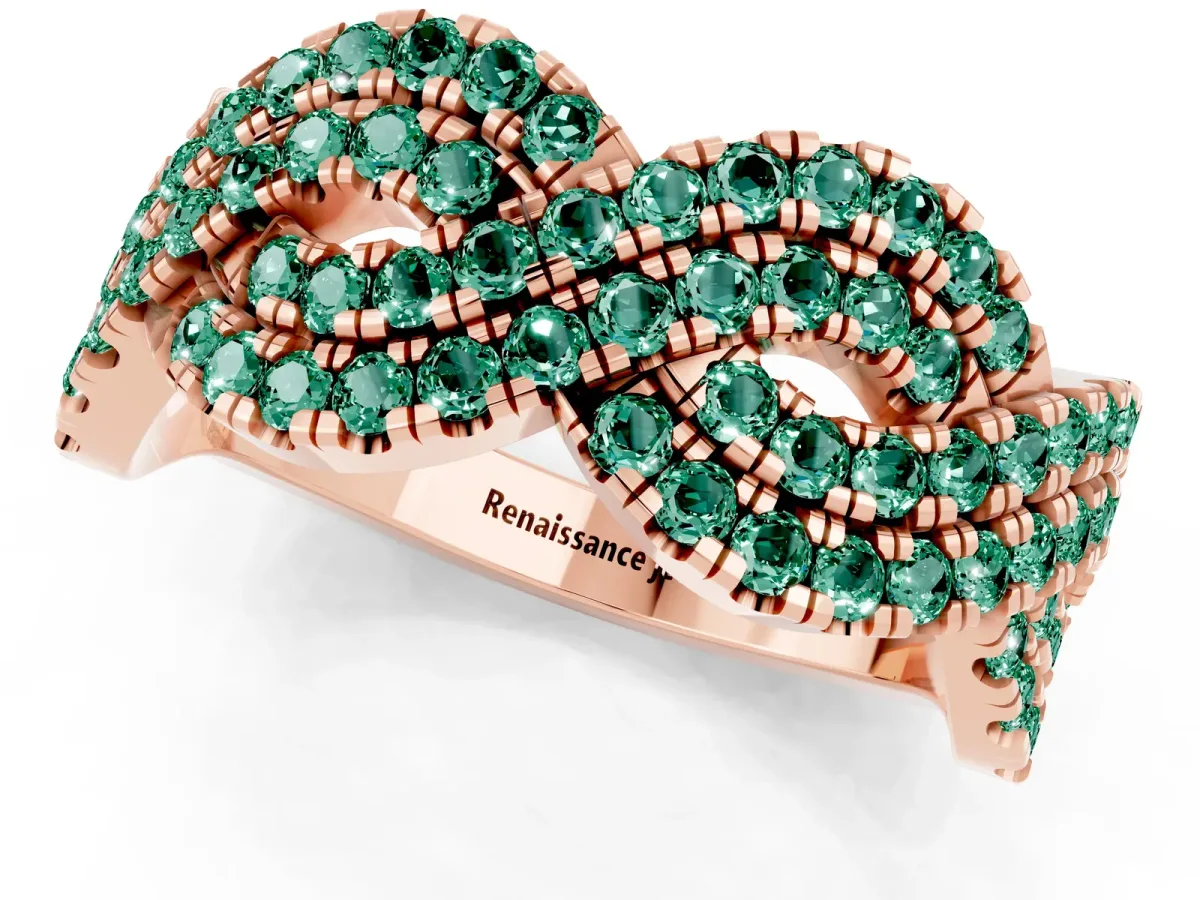 Pavé Round Green Sapphire Infinity Twist Band with Shared Prong Setting Rose gold
