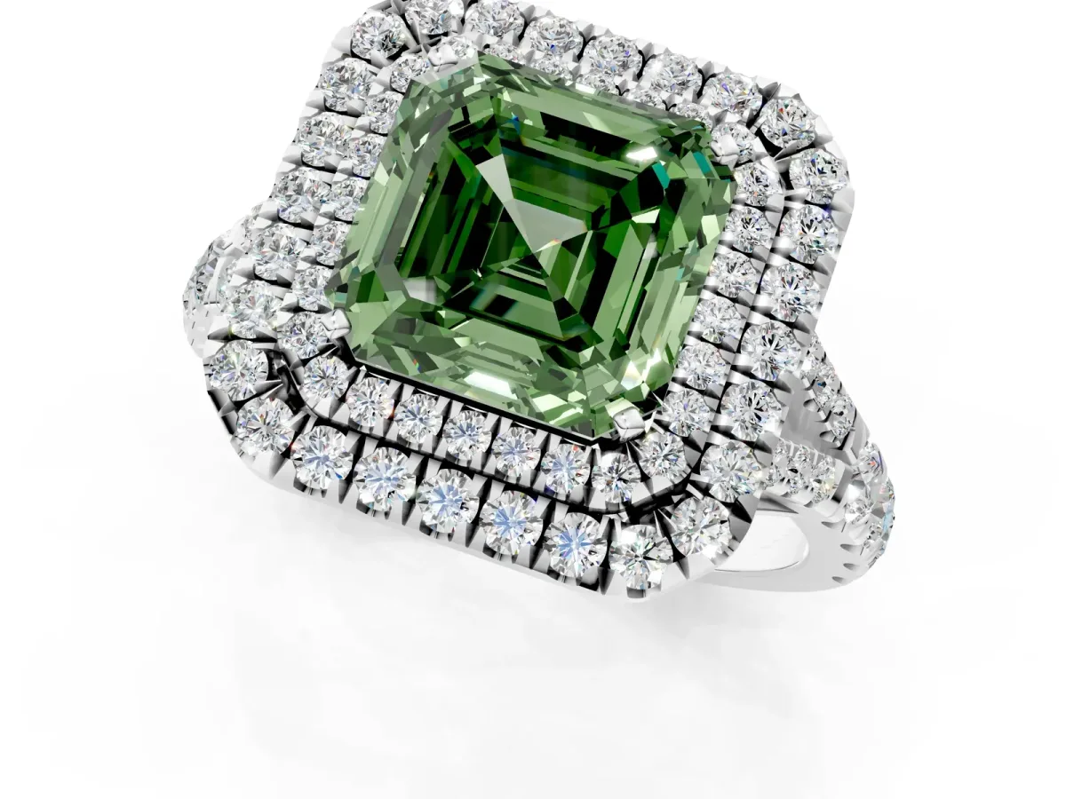 Fancy Green Asscher Cut Cut Double Halo Split Shank Diamond Ring with Prong Setting Platinum