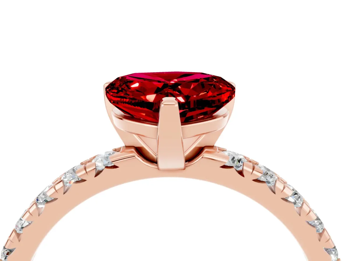Heart Cut Ruby Solitaire Pavé Engagement Ring with Round Band and Prong Setting Rose gold
