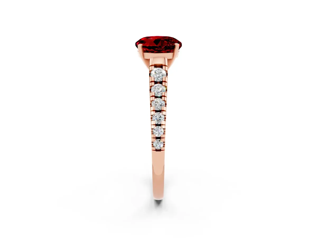 Round Cut Ruby Cathedral Solitaire Ring with Round Pavé Band Rose gold