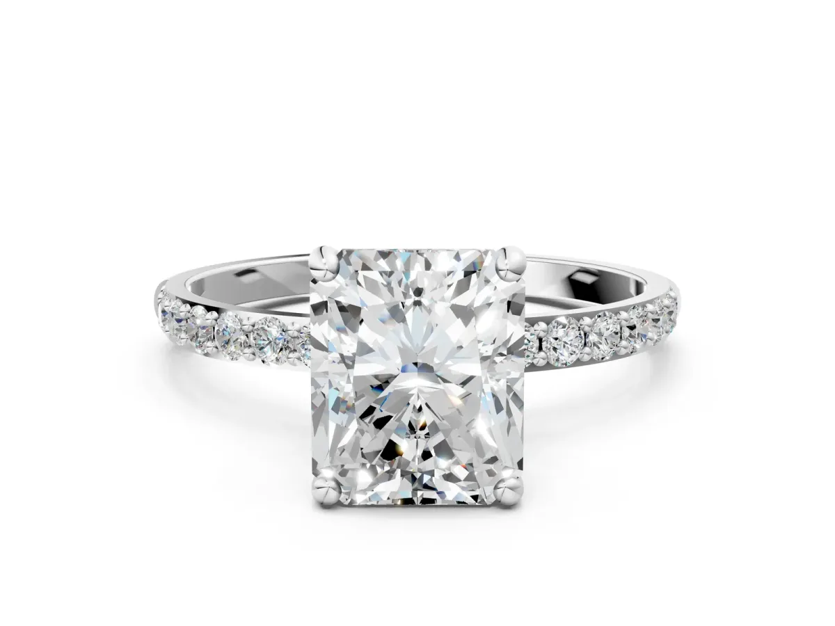 Radiant Cut Diamond Solitaire Ring with Round Pavé Band and Prong Setting Silver