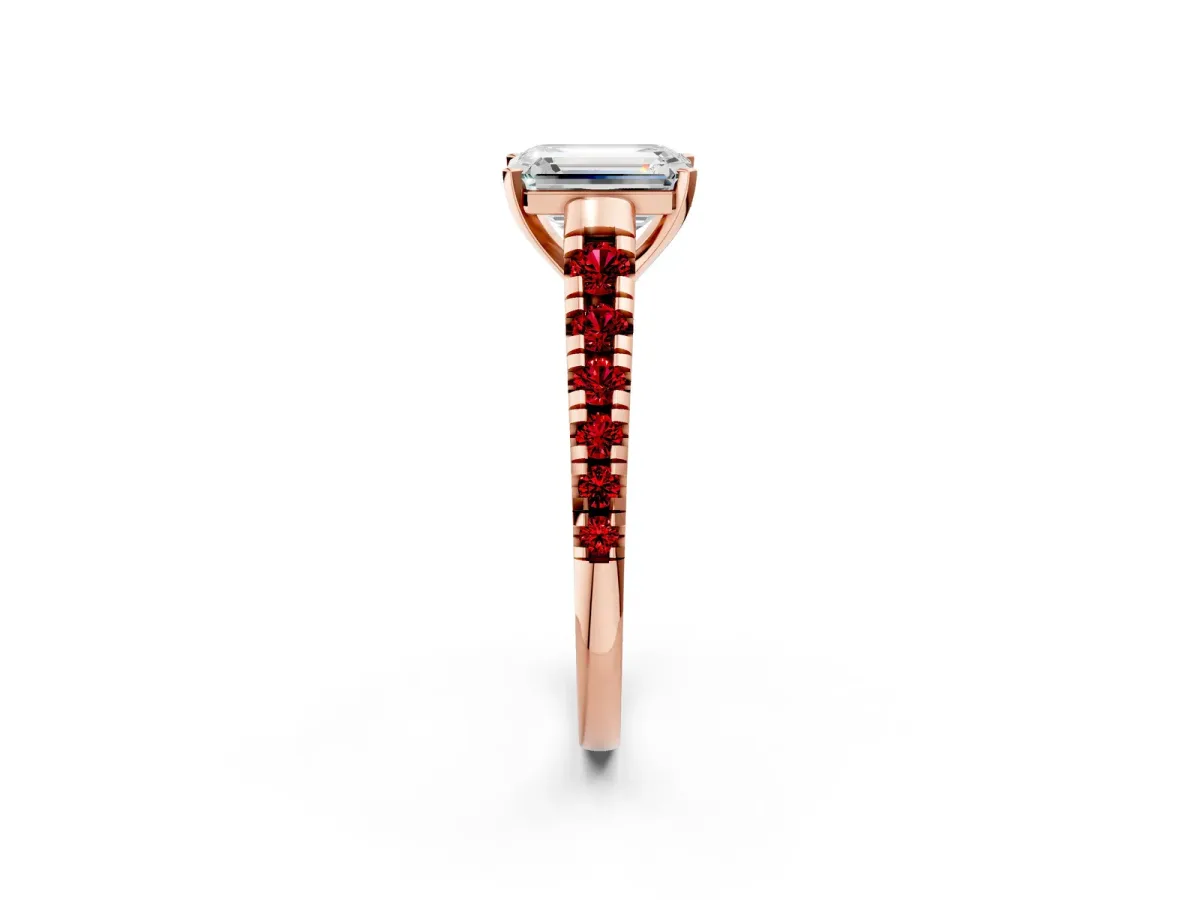 Emerald Cut Diamond Cathedral Solitaire Ring with Round Ruby Pavé Band Rose gold