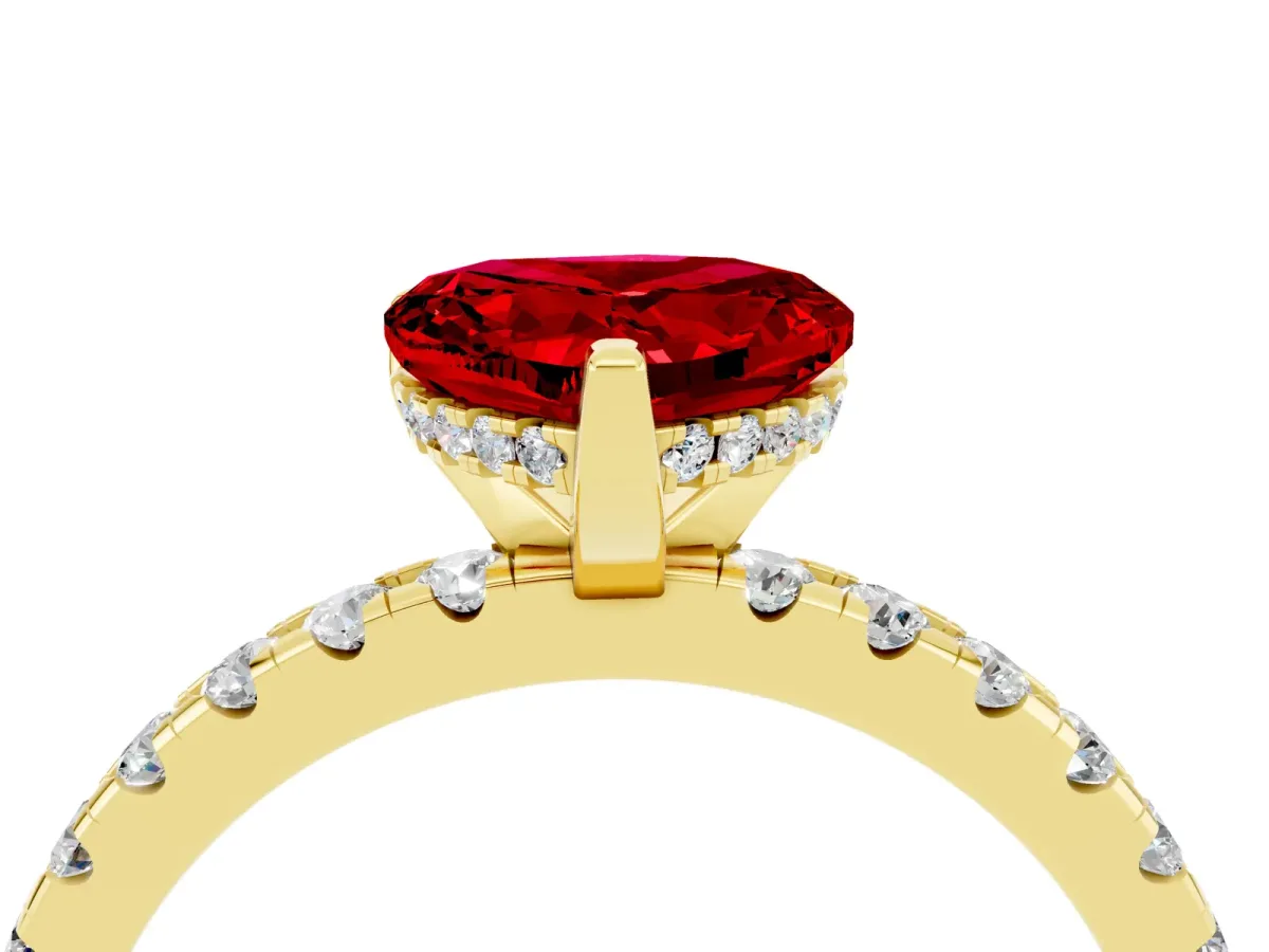 Heart Cut Ruby Solitaire Ring with Round Pavé Band and Four-Prong Setting Yellow gold