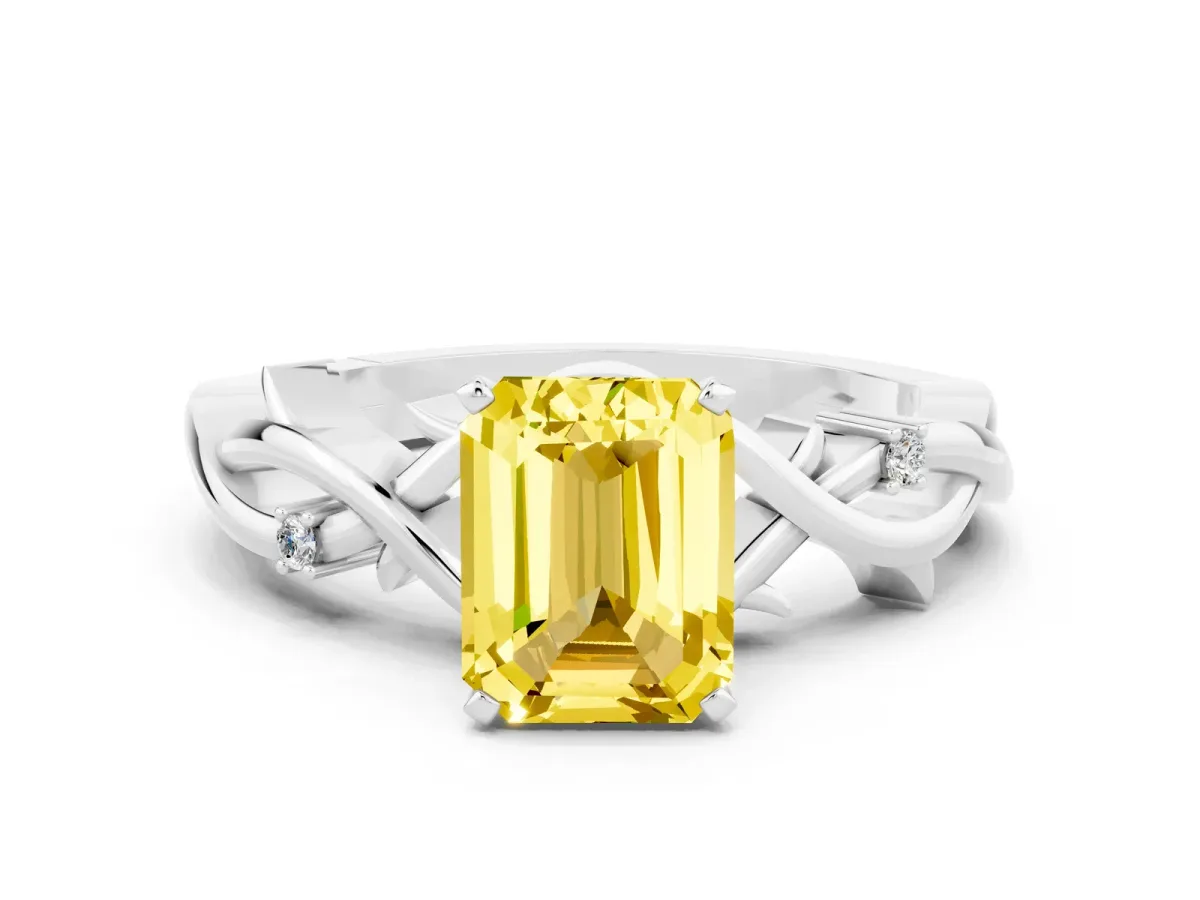 Emerald Cut Yellow Sapphire Solitaire Ring with Twisted Band and Prong Setting Silver