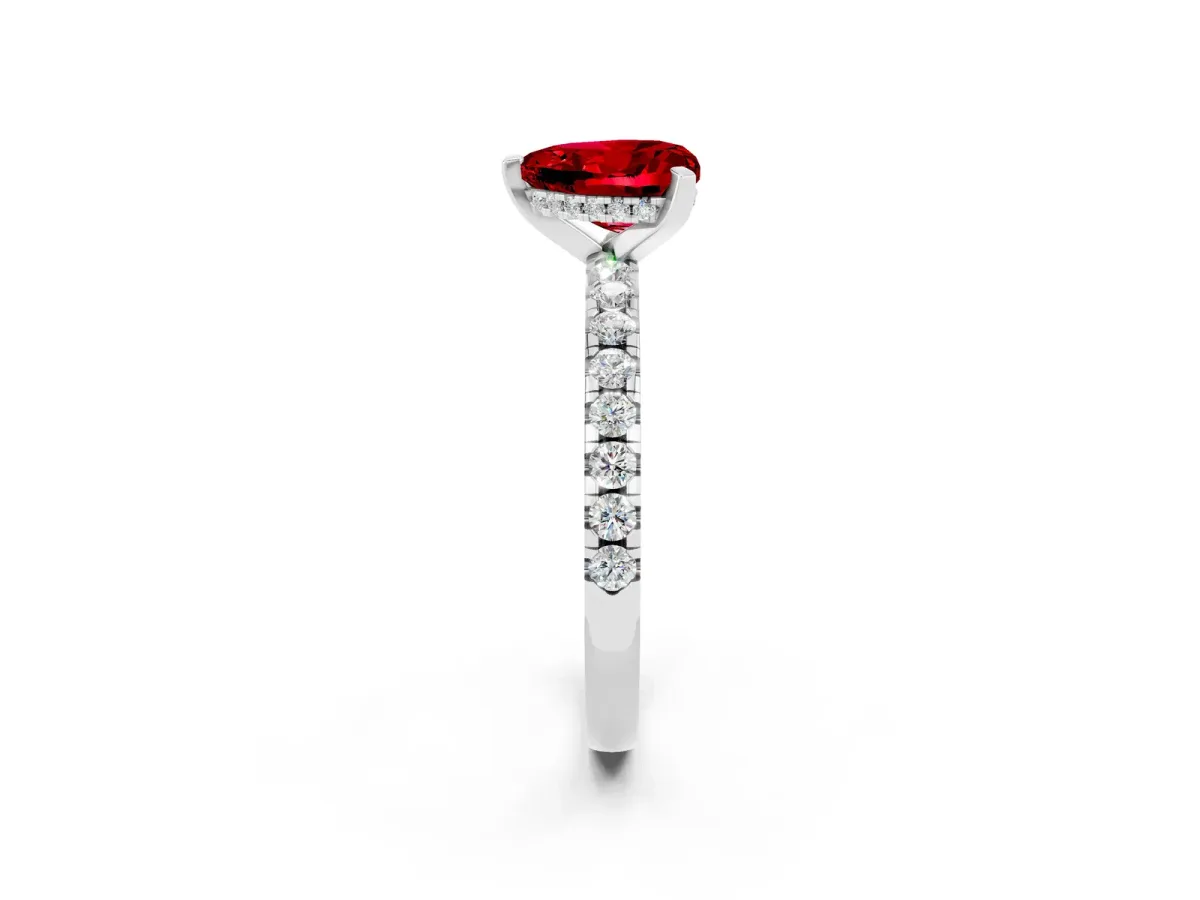 Heart Cut Ruby Solitaire Ring with Round Pavé Band and Four-Prong Setting Silver