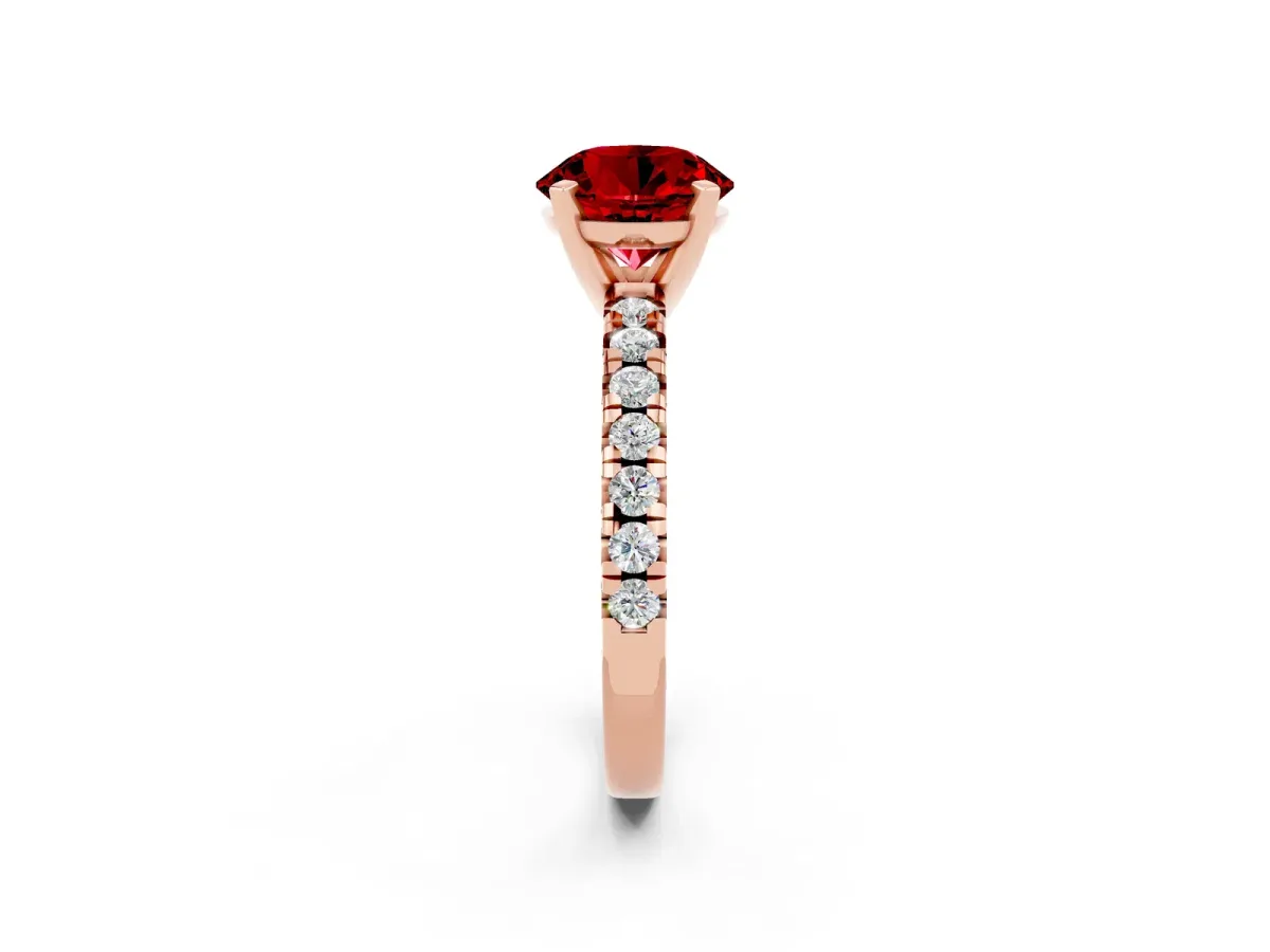 Round Cut Ruby Solitaire Pavé Engagement Ring with Round Band and Prong Setting Rose gold