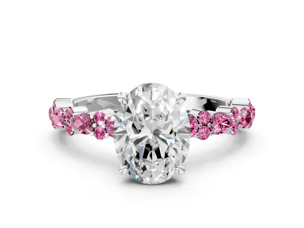 Oval Cut Diamond Side Stone Solitaire Ring with Round Pink Sapphire and Four-Prong Setting White gold