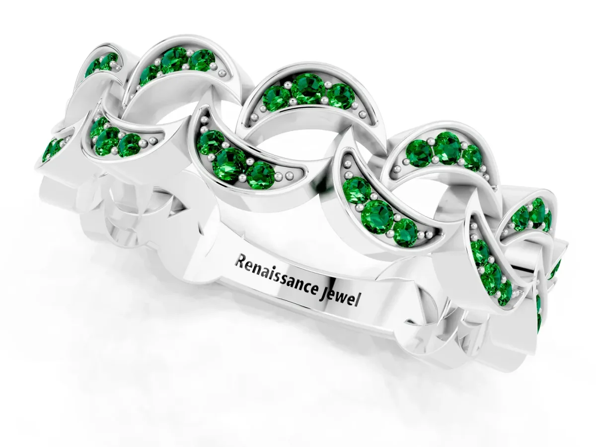 Pavé Round Emerald Interlocking Eternity Band with Bezel Prong Setting Platinum