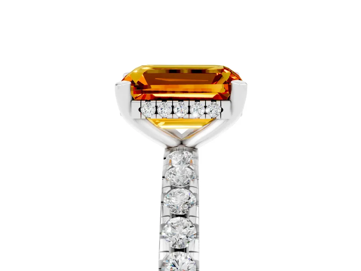 Emerald Cut Citrine Solitaire Ring with Round Pavé Band and Four-Prong Setting Platinum