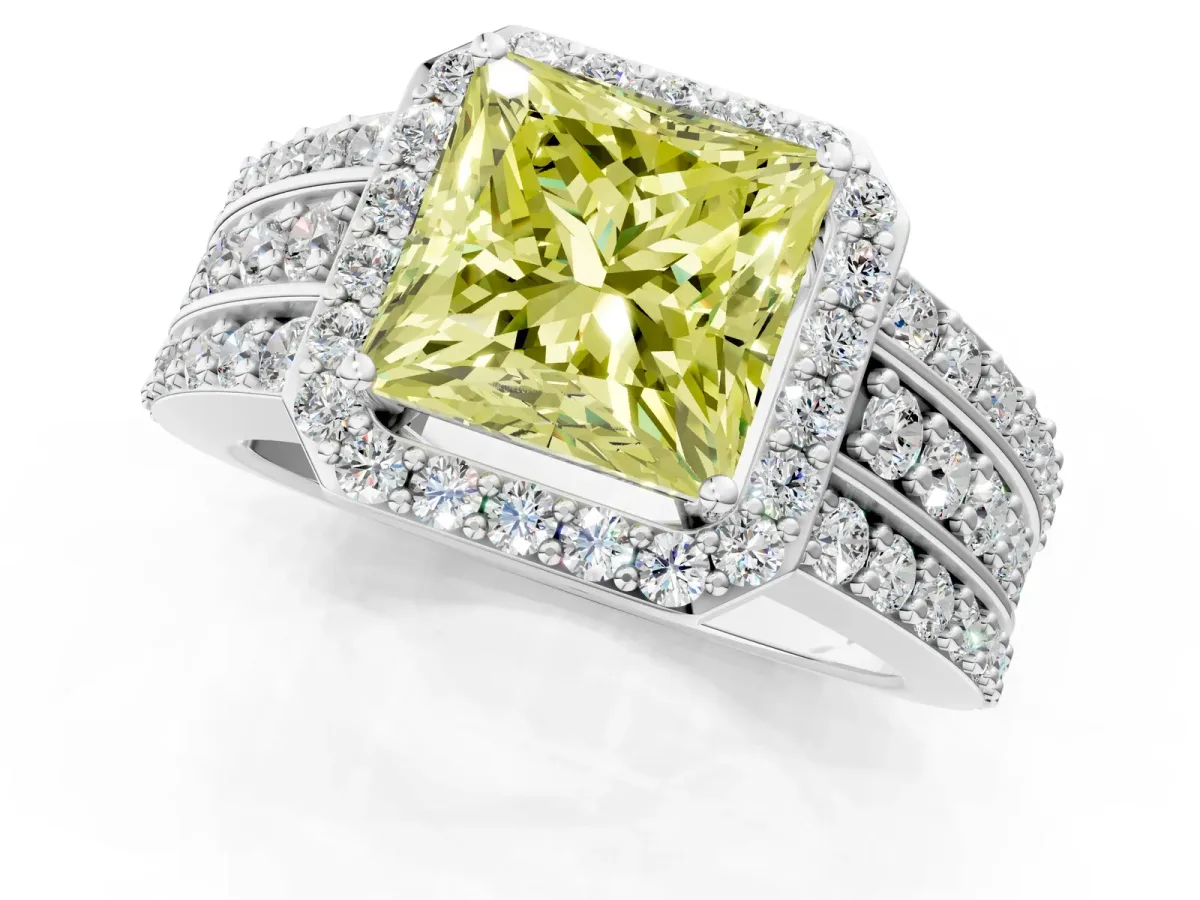 Fancy Yellow Princess Cut Halo Diamond Ring with Round Split Shank and Prong Setting Silver