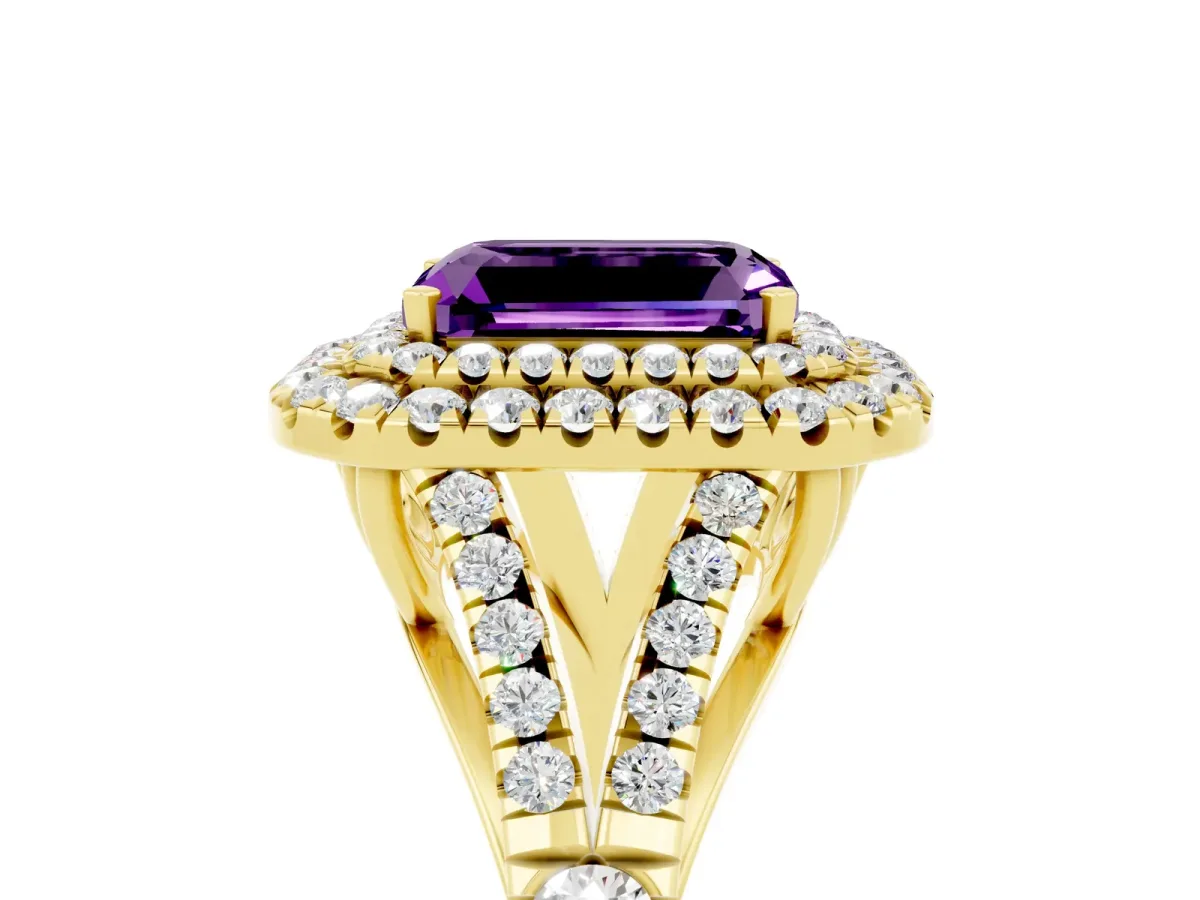 Double Halo Emerald Cut Amethyst Split Shank Engagement Ring with Four-Prong Setting Yellow gold
