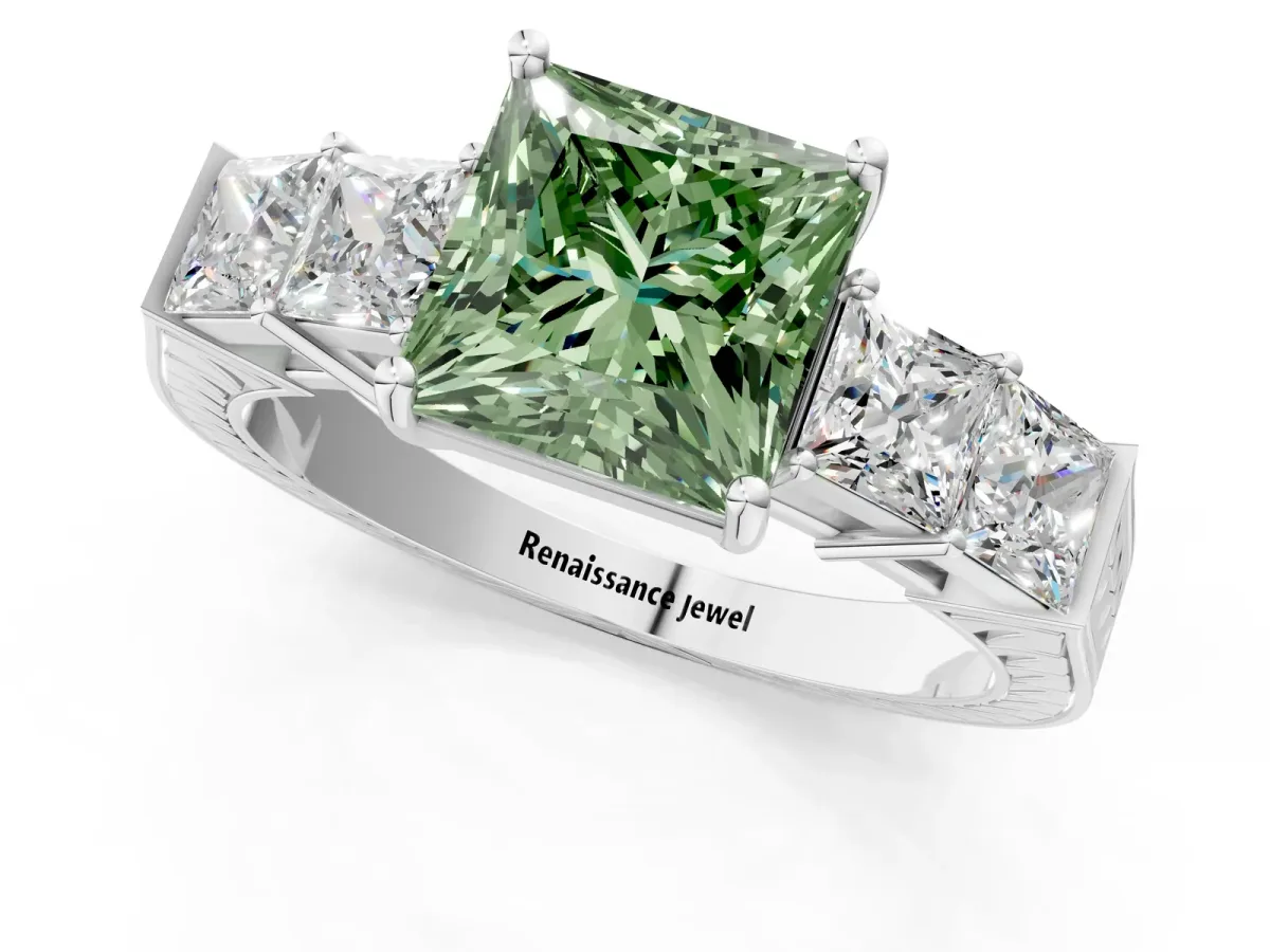 Fancy Green Princess Cut Solitaire Princess Side Stone Engraved Band Prong Setting Ring Platinum