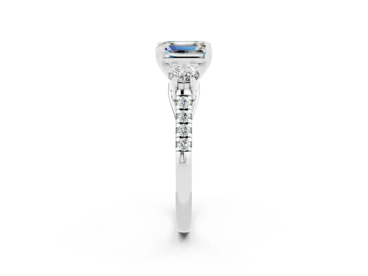 Three-Stone Emerald Cut Moissanite Pavé Band with Four-Prong Setting Silver