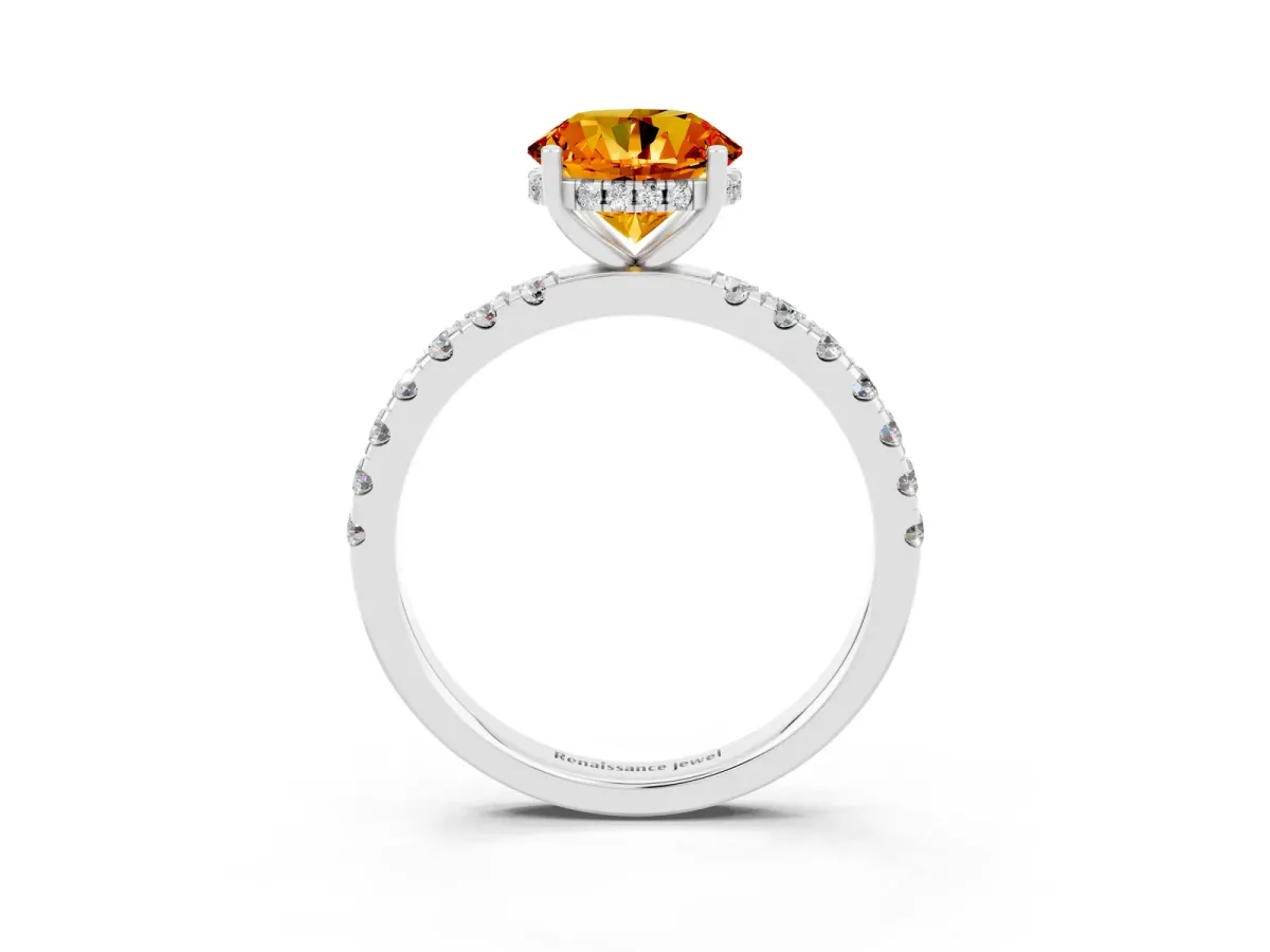 Round Cut Citrine Pave Band Solitaire Ring with Round and Prong Setting Silver