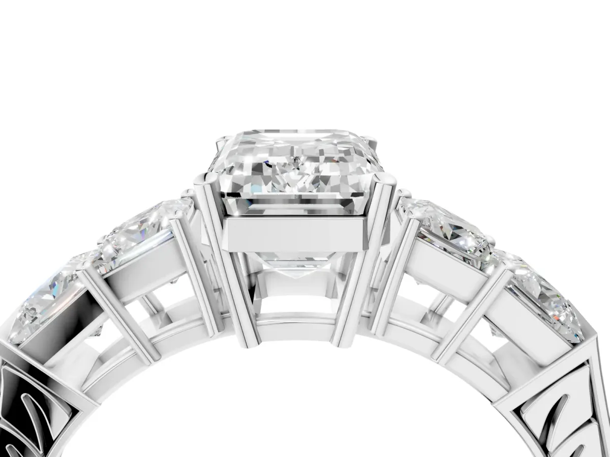 Emerald Cut Solitaire Princess Side Stone Engraved Band Prong Setting Ring Silver