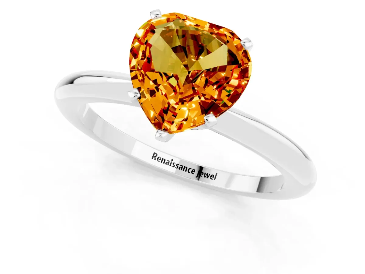 Heart Cut Citrine Solitaire Ring with Six-Prong Setting and Classic Band Platinum