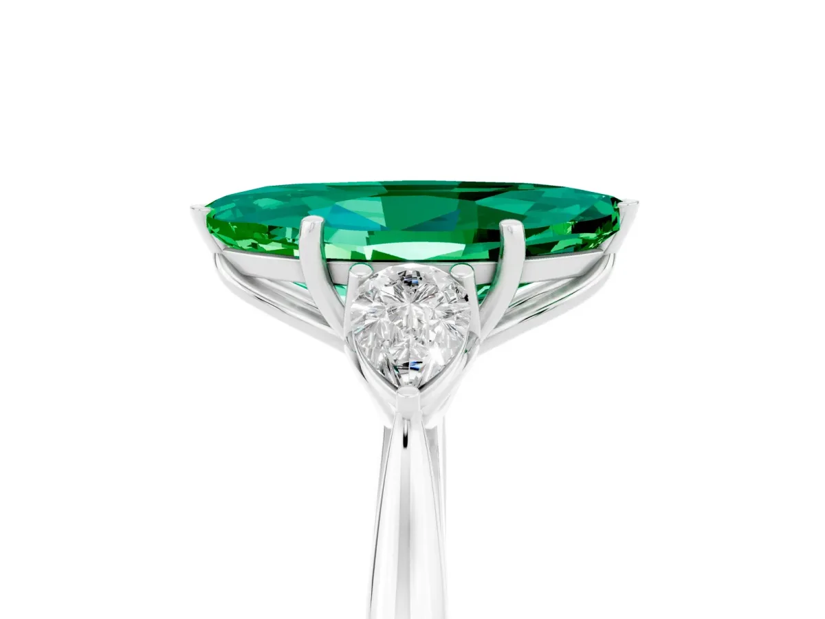 Marquise Cut Emerald Three-Stone Ring with Pear Side Stones and Prong Setting Silver