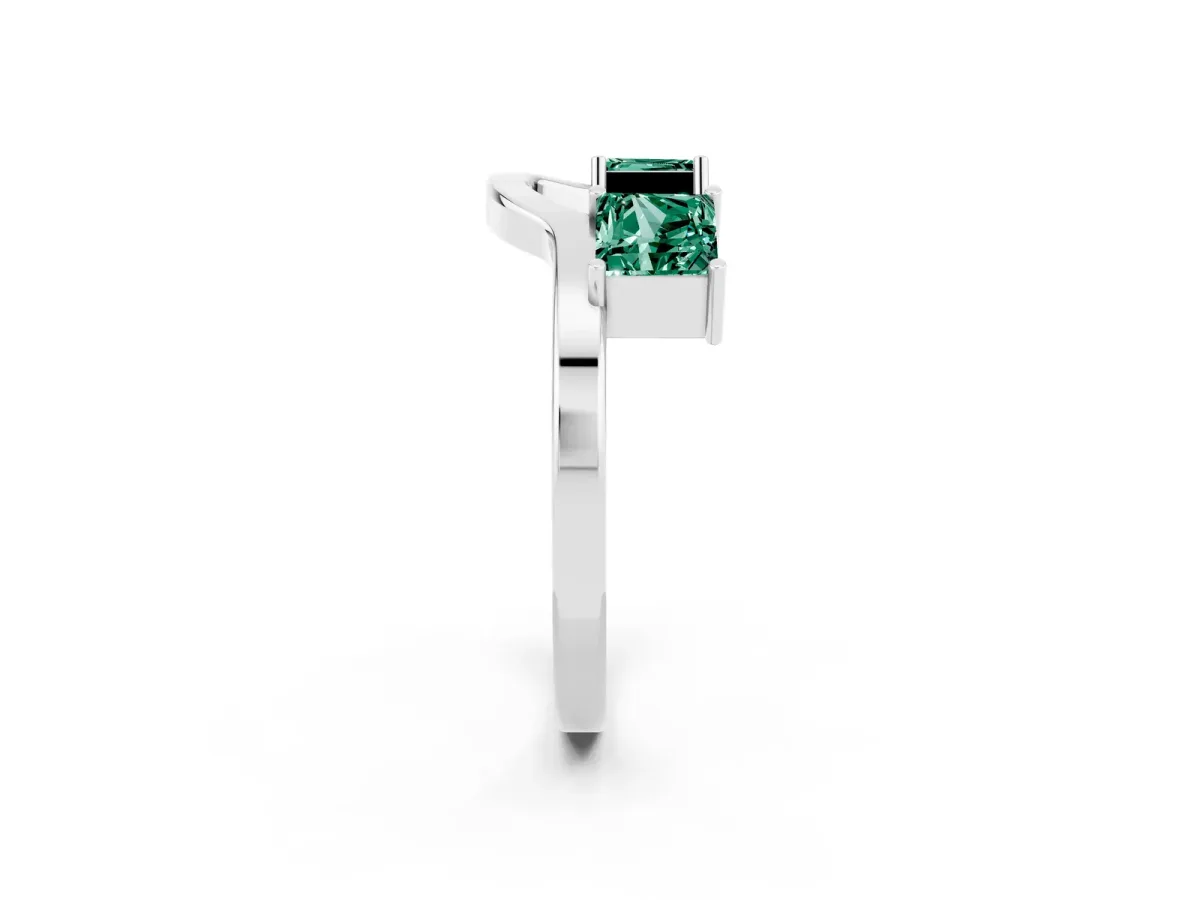 Princess Cut Green Sapphire Two-Stone Open Band Ring with Four-Prong Setting Silver