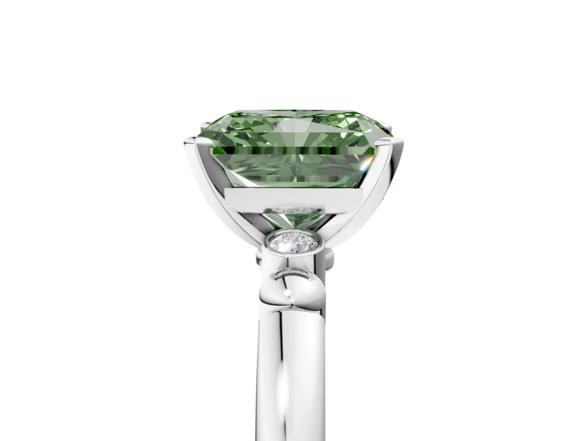 Fancy Green Radiant Cut Solitaire Beaded Band with Four-Prong Setting Platinum