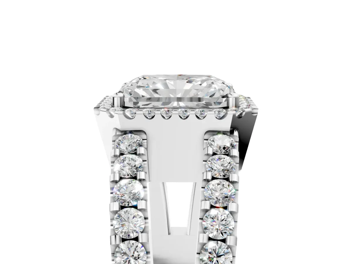 Radiant Cut Cut Halo Split Shank Diamond Ring with Four-Prong Setting Platinum