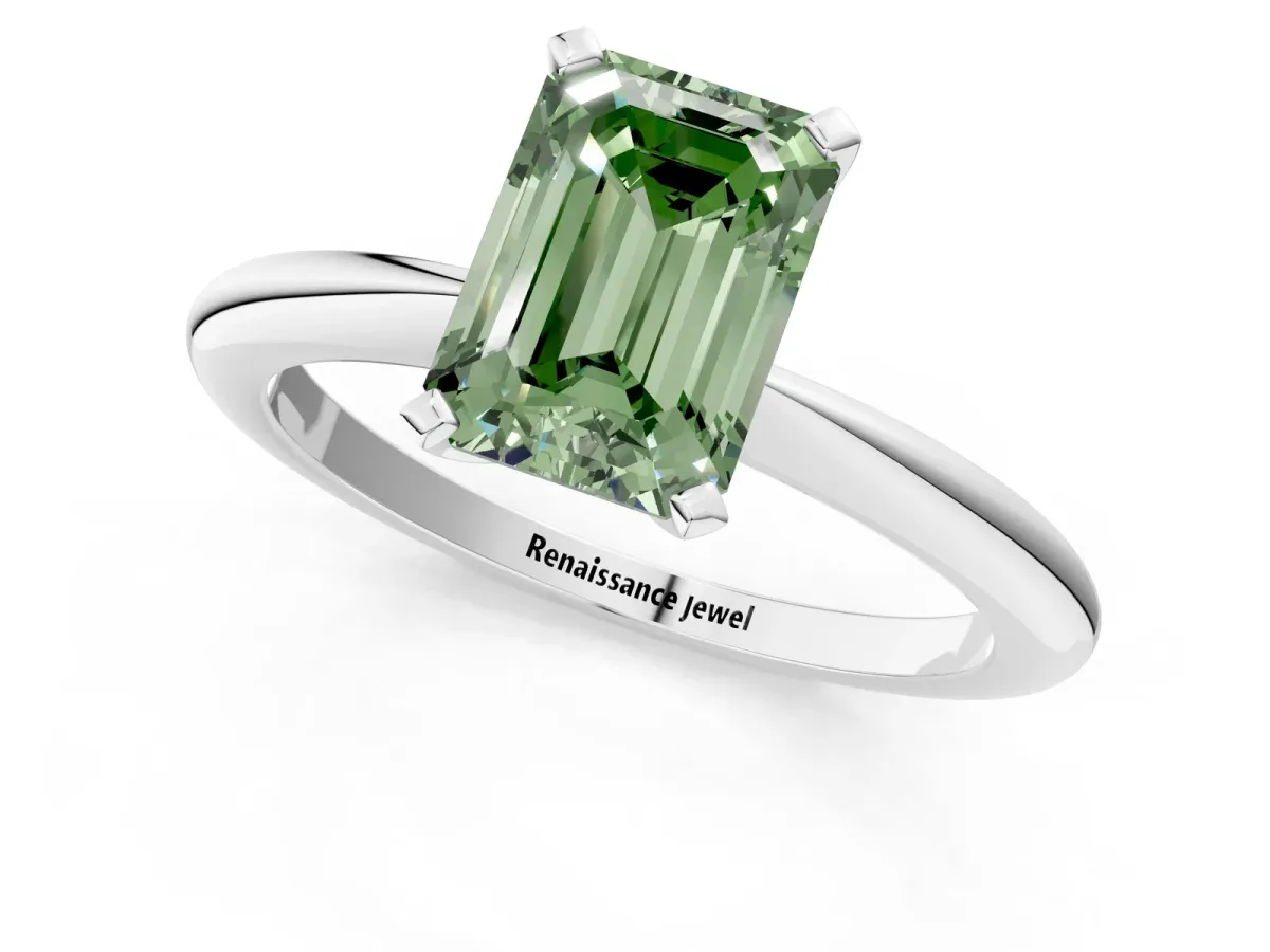 Fancy Green Emerald Cut Diamond Solitaire Ring with Six-Prong Setting and Classic Band Silver