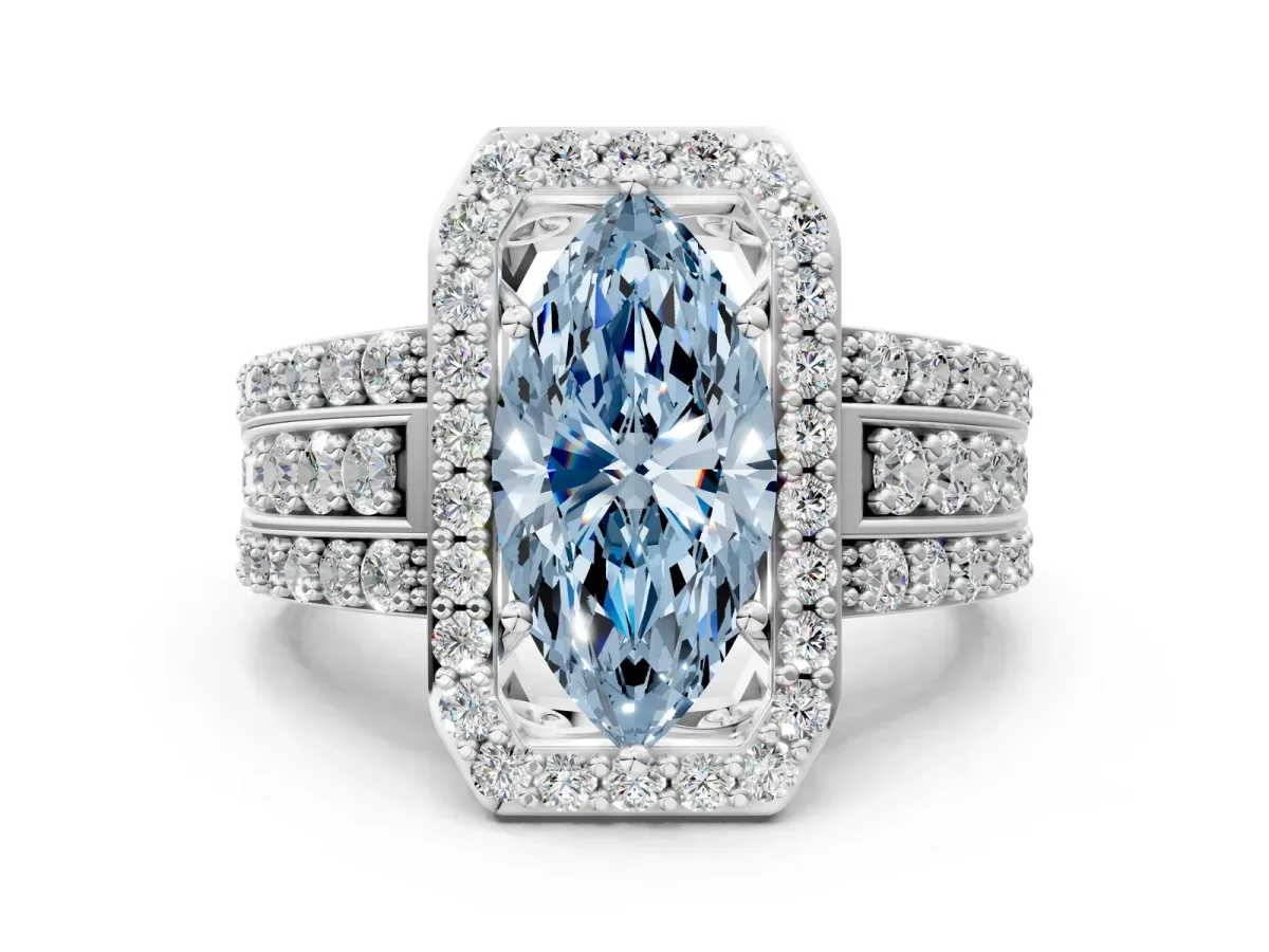Fancy Blue Marquise Cut Halo Diamond Ring with Round Split Shank and Prong Setting Platinum