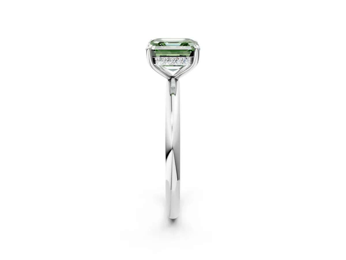 Fancy Green Asscher Cut Diamond Solitaire Ring with Thin Band and Four-Prong Setting Platinum