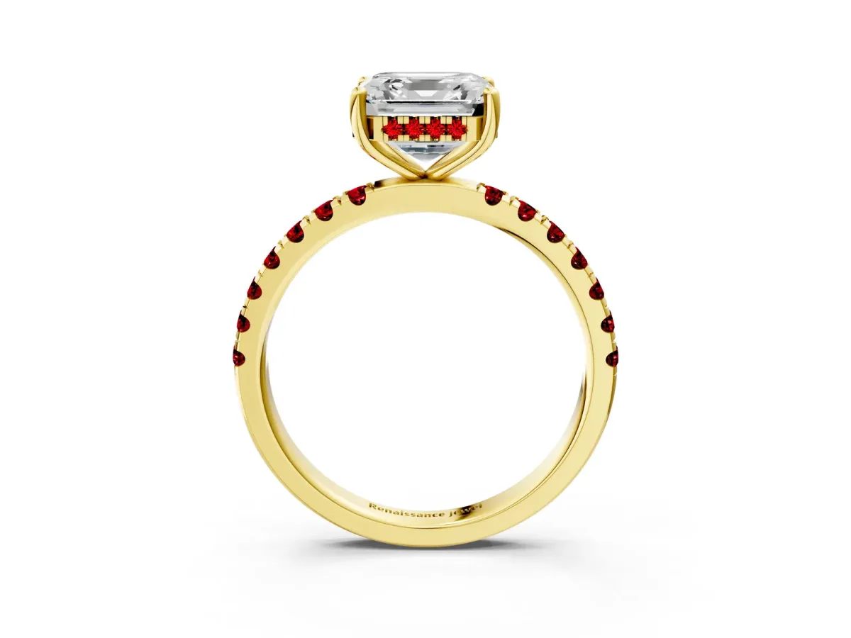 Asscher Cut Diamond Pave Band Solitaire Ring with Round Ruby and Prong Setting Yellow gold