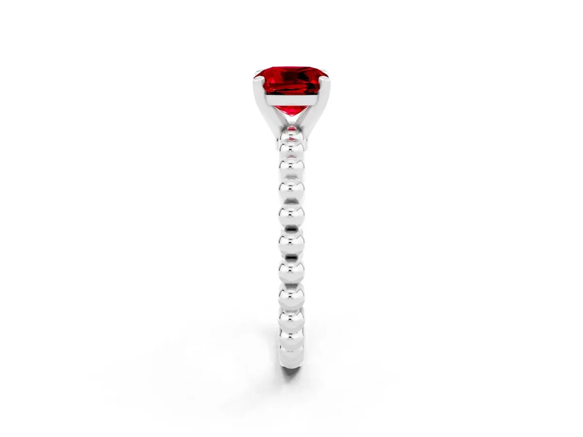 Cushion Cut Ruby Solitaire Ring with Beaded Band and Prong Setting Silver