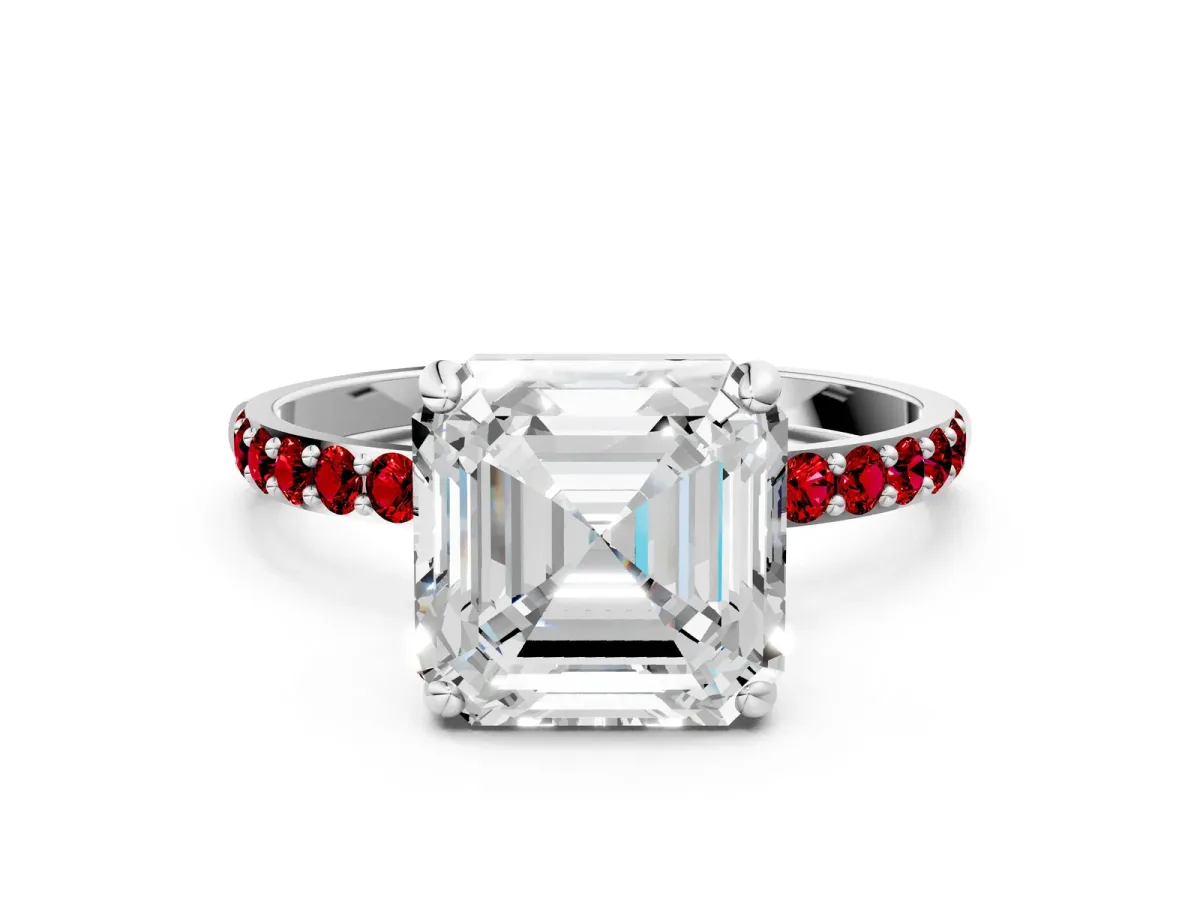 Asscher Cut Diamond Solitaire Ring with Round Ruby Pavé Band and Prong Setting Silver