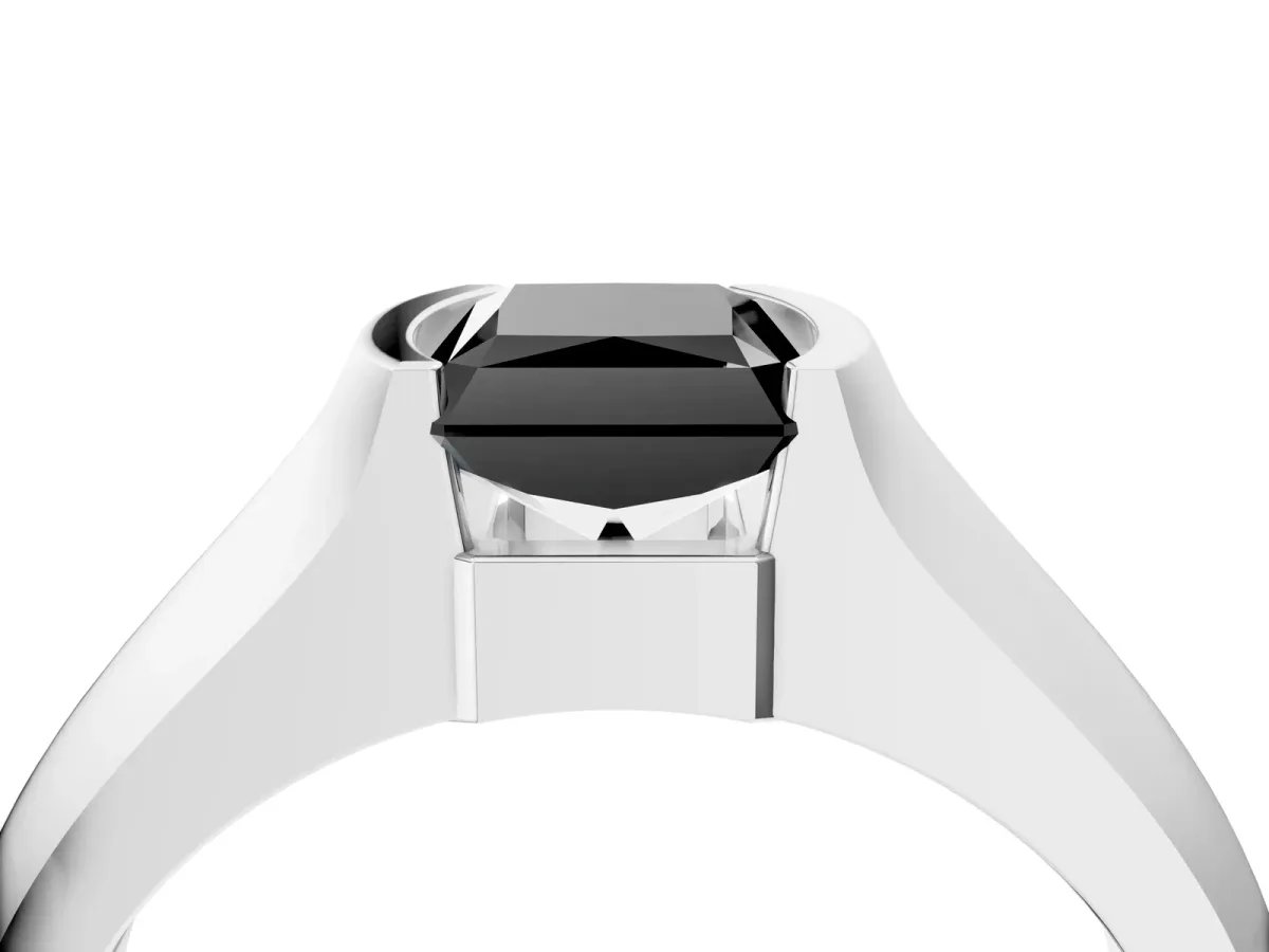Fancy Black Radiant Cut Solitaire Bezel Set Diamond Ring with Wide Band Platinum
