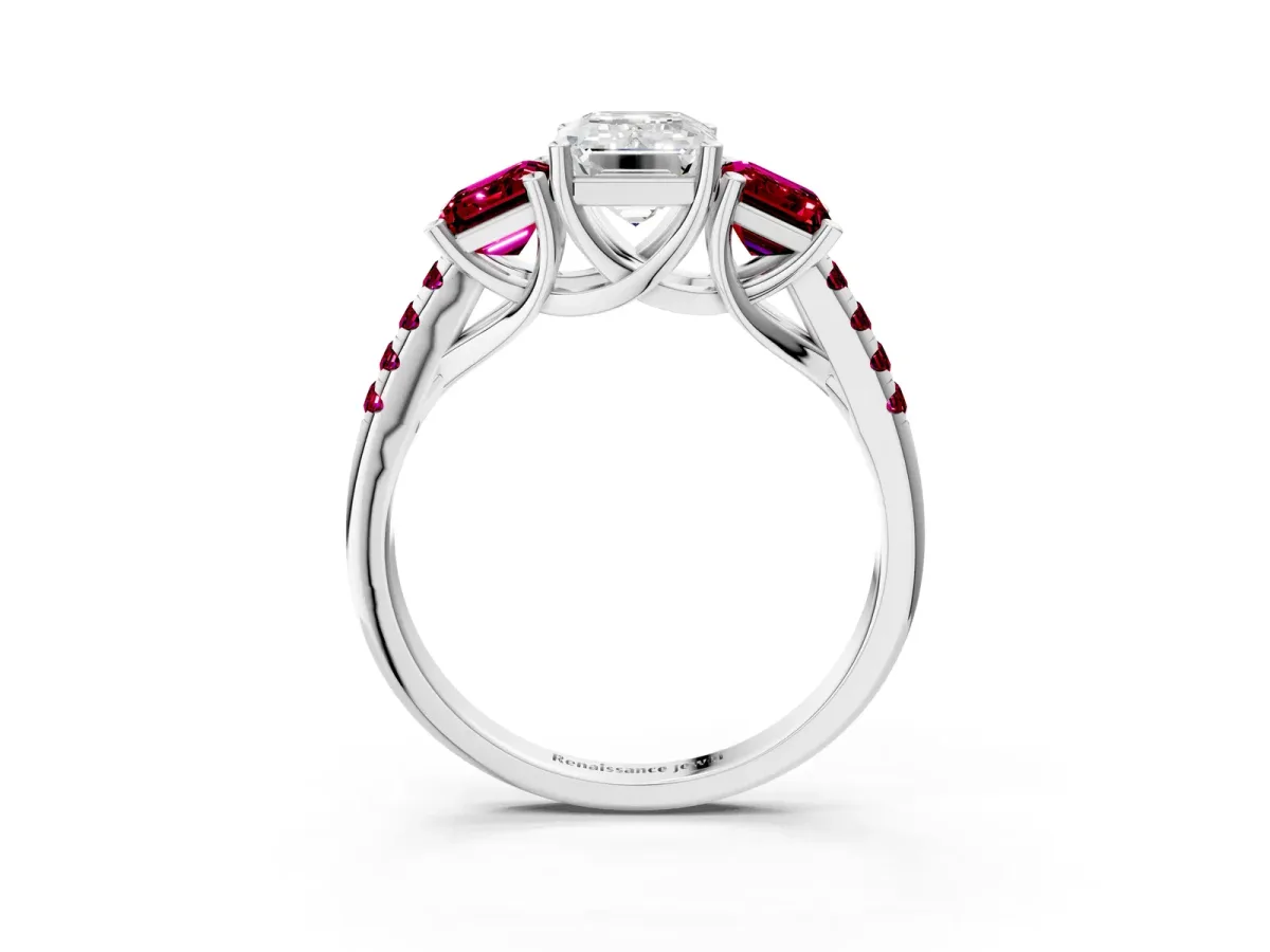 Three-Stone Emerald Cut Diamond Ring with Round Garnet Pavé Band and Prong Setting Platinum